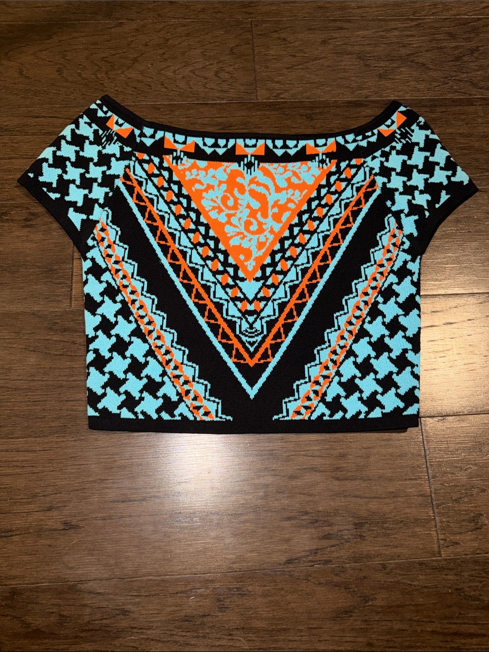 Jealous Tomato Black Crop Top with Aqua and Orange Geometric Motif